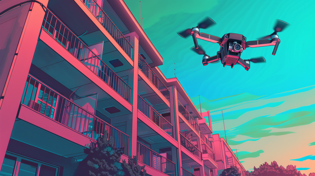 Illustrazione del drone Air MK30 che consegna un pacco direttamente al balcone di un condominio: